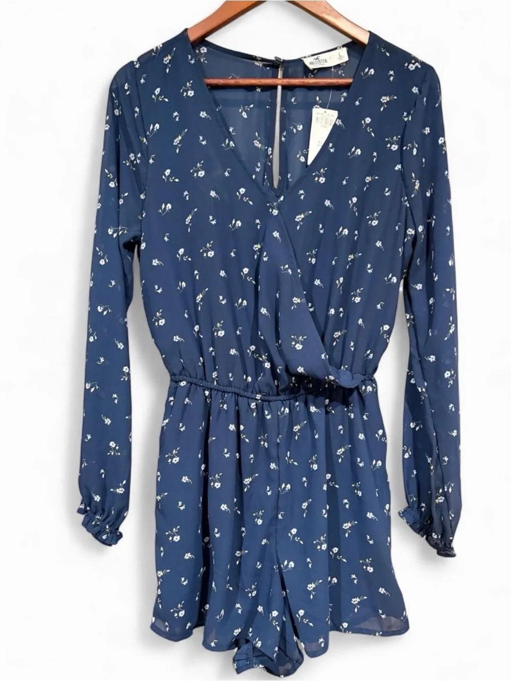 NWT Hollister Navy Floral Wrap Front Sheer Romper | Large
